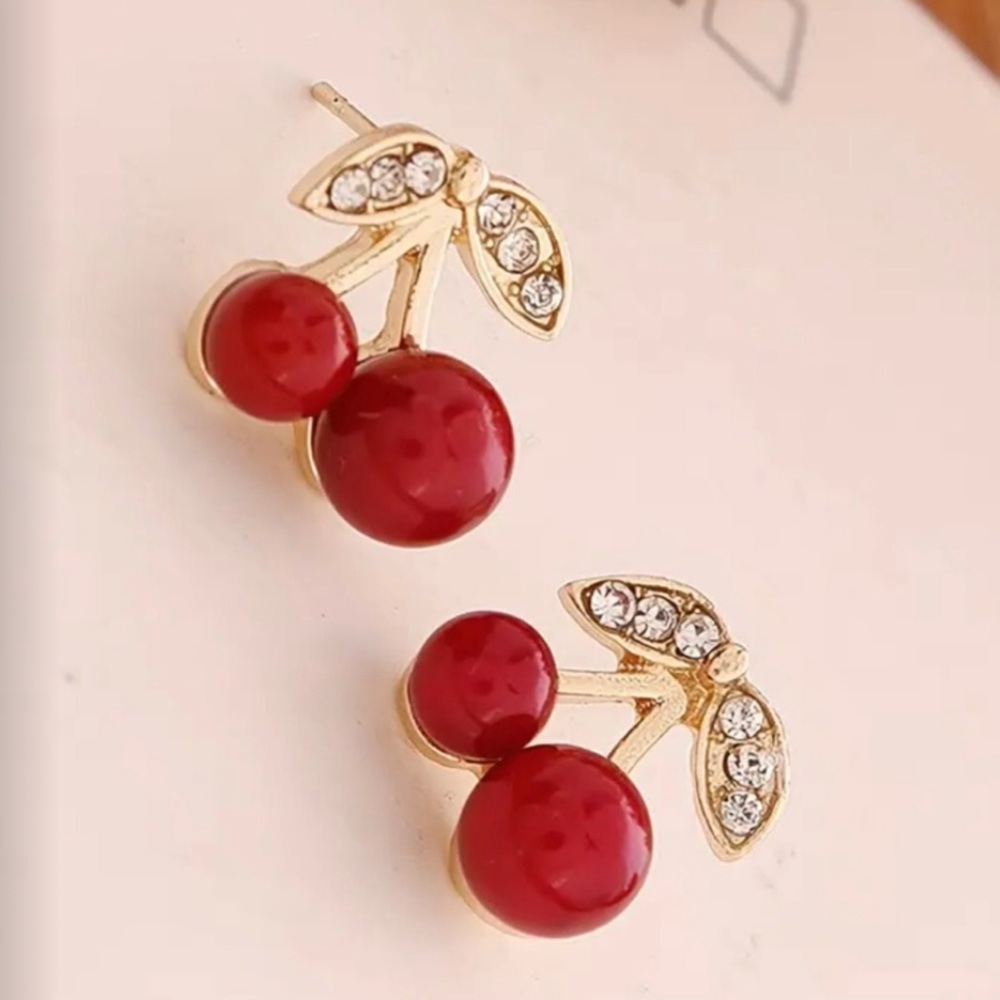 Trending Cherry Earrings Gold Pl Pierced studs CZ Gold pl leaves stainless NEW